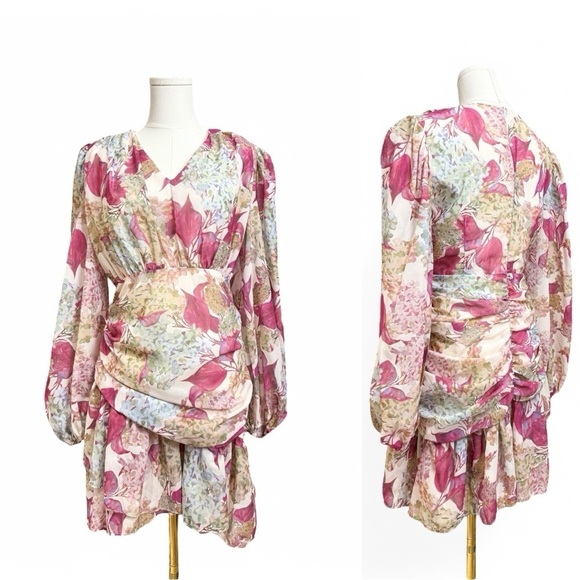 Dresses & Skirts - Floral V Neckline Cuff Sleeves Ruffle Skirt Chiffon Mini Dress Women Size Medium